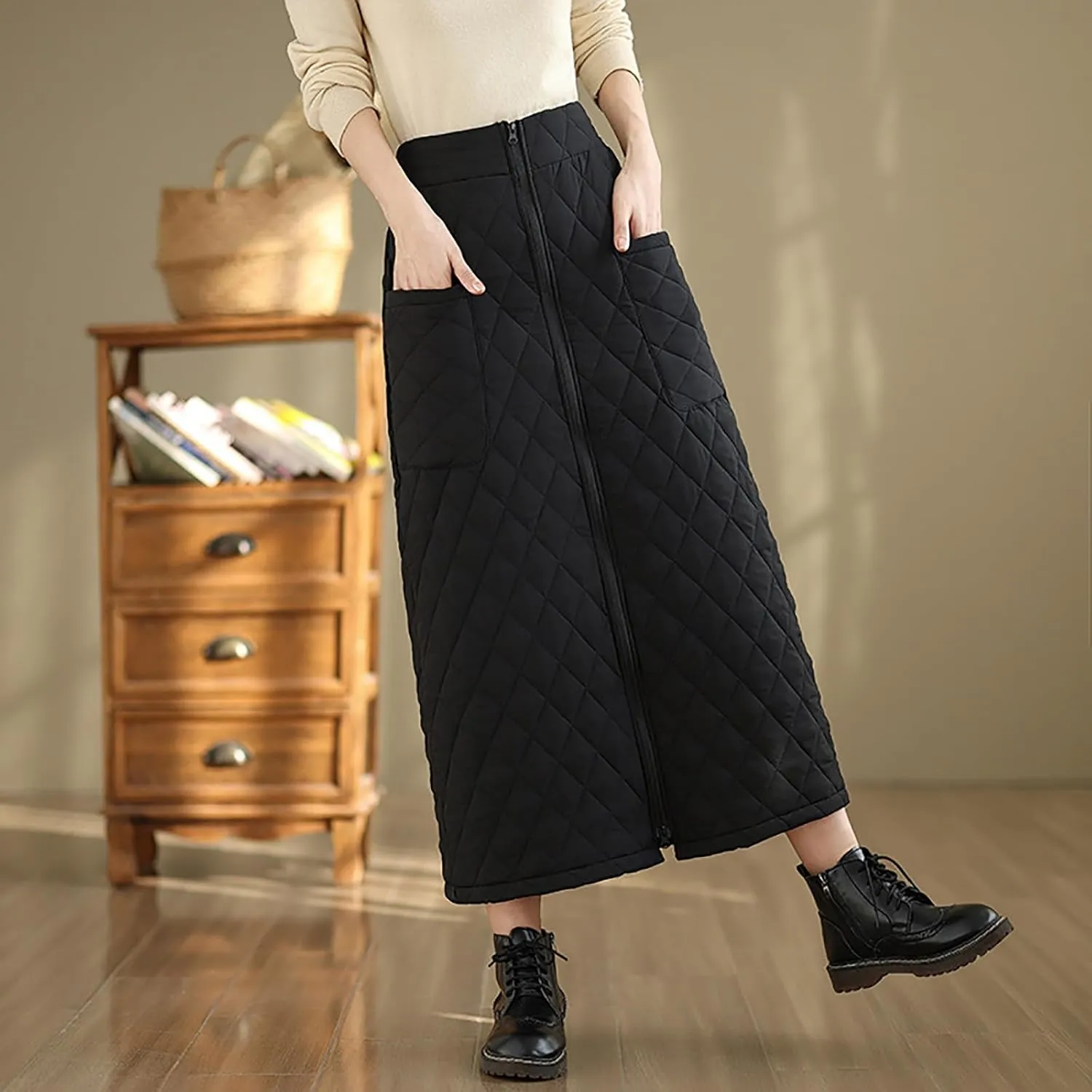 HGps8w Women's Zip Front Winter Quilted Skirt, Elastic High Waist Casual Insulated Thicken Warm Maxi Down Skirts with Pockets