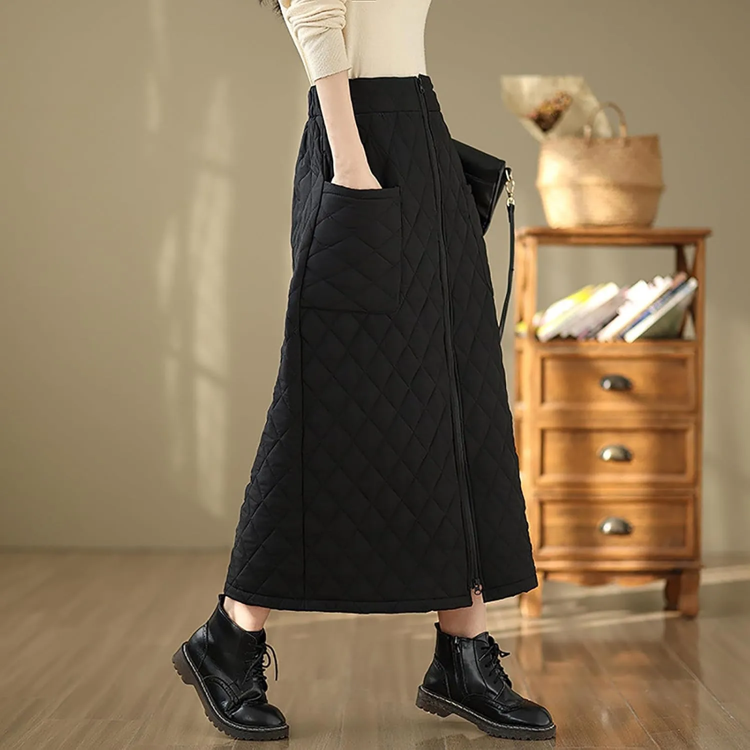HGps8w Women's Zip Front Winter Quilted Skirt, Elastic High Waist Casual Insulated Thicken Warm Maxi Down Skirts with Pockets