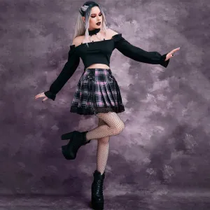 High Waist Lace Trim Tartan Lace Up Front Pleated Skirt