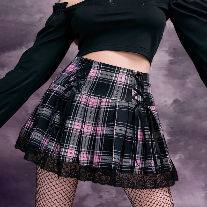 High Waist Lace Trim Tartan Lace Up Front Pleated Skirt