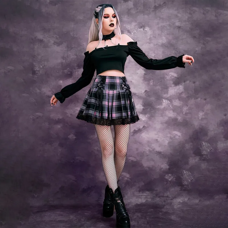 High Waist Lace Trim Tartan Lace Up Front Pleated Skirt