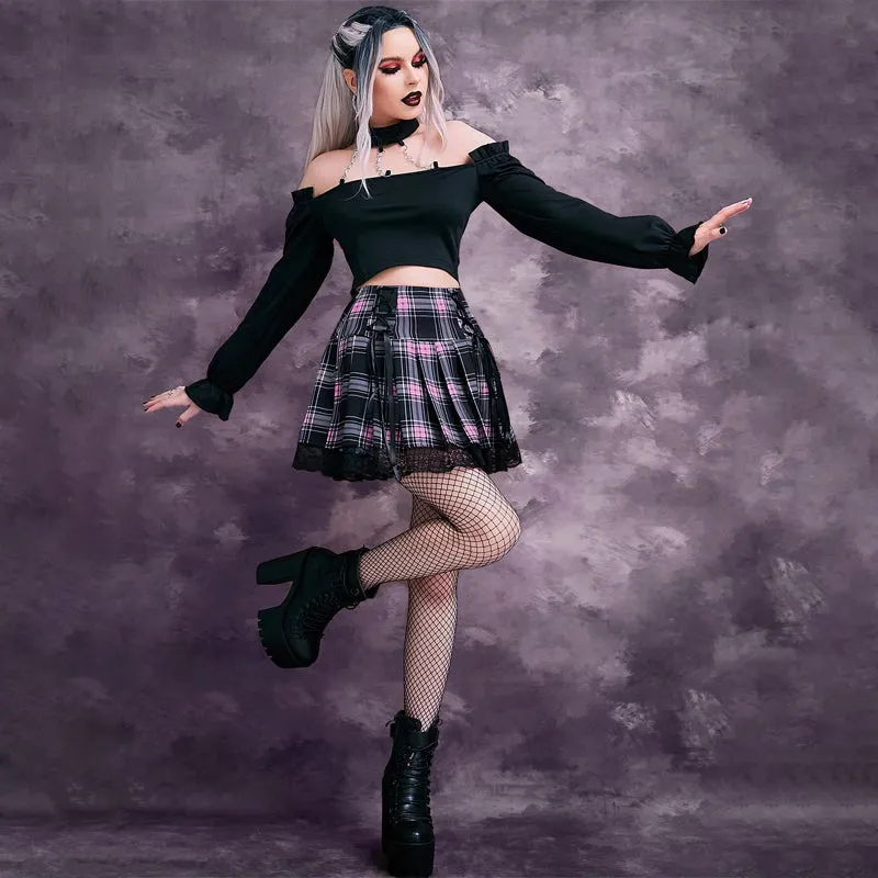 High Waist Lace Trim Tartan Lace Up Front Pleated Skirt