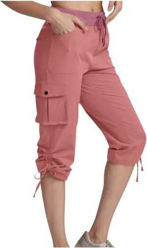 Hiking Capri Cargo Pants Women Lightweight Quick Dry Summer Cropped Trousers Drawstring High Waisted Streetwear Pant