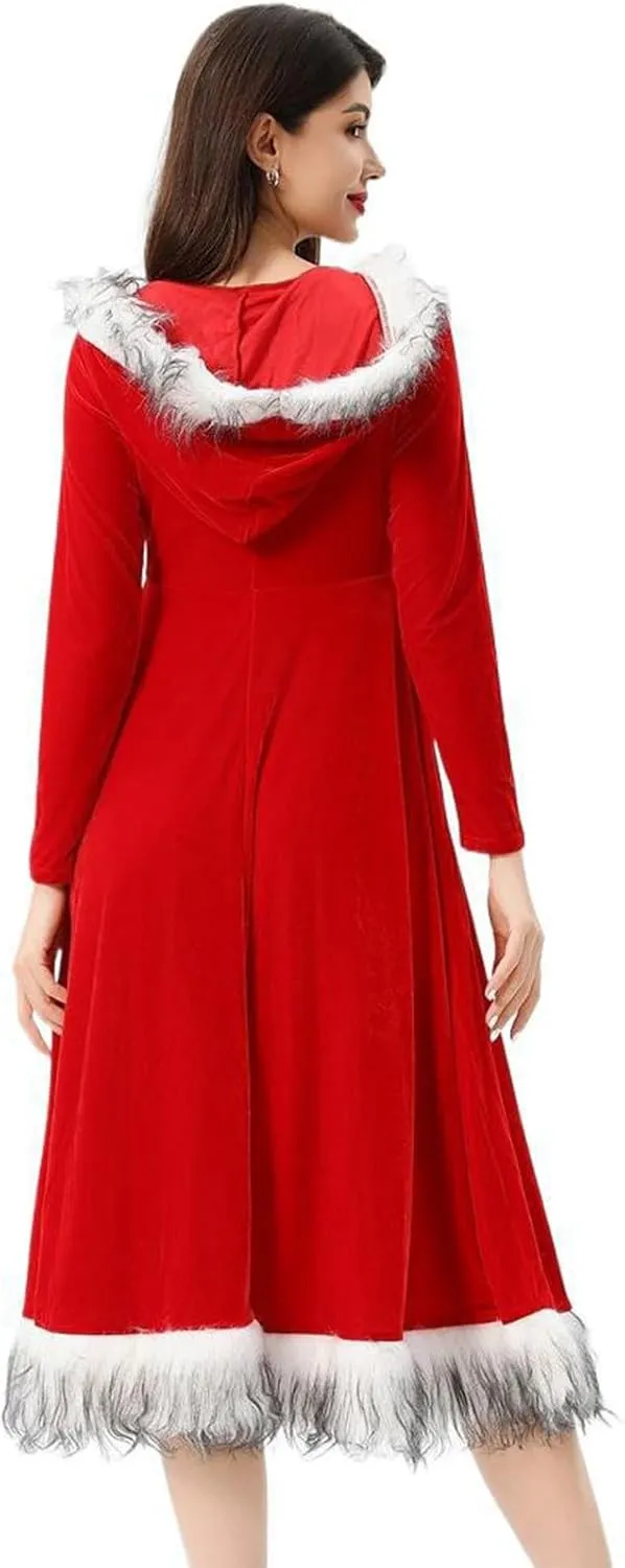 hlysgo Christmas Dresses for Women 2024 Winter Warm Fashion Long Sleeve Mini Dress Xmas A-Line Swing Fuzzy V Neck Cute Dress