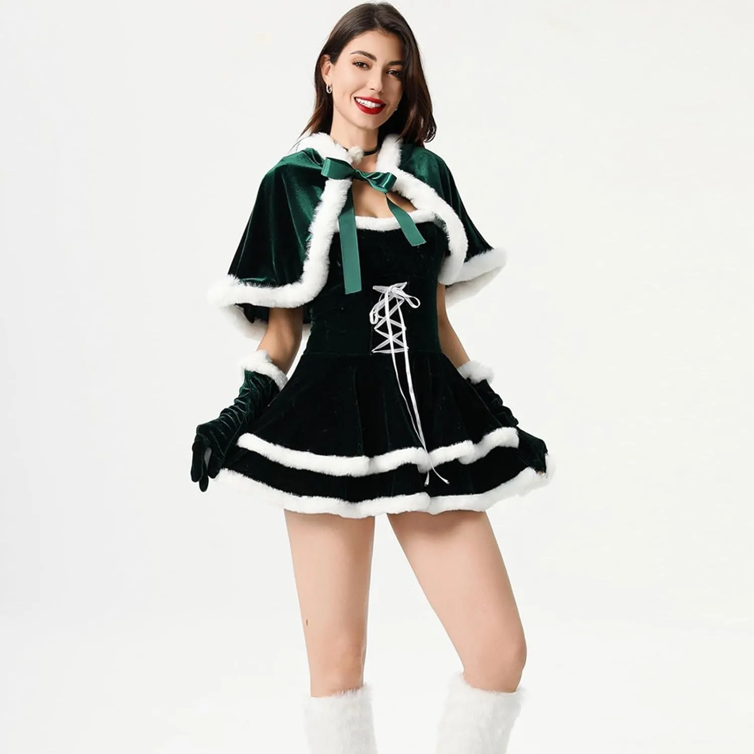 hlysgo Christmas Dresses for Women 2024 Winter Warm Fashion Long Sleeve Mini Dress Xmas A-Line Swing Fuzzy V Neck Cute Dress