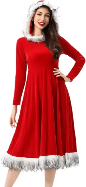 hlysgo Christmas Dresses for Women 2024 Winter Warm Fashion Long Sleeve Mini Dress Xmas A-Line Swing Fuzzy V Neck Cute Dress