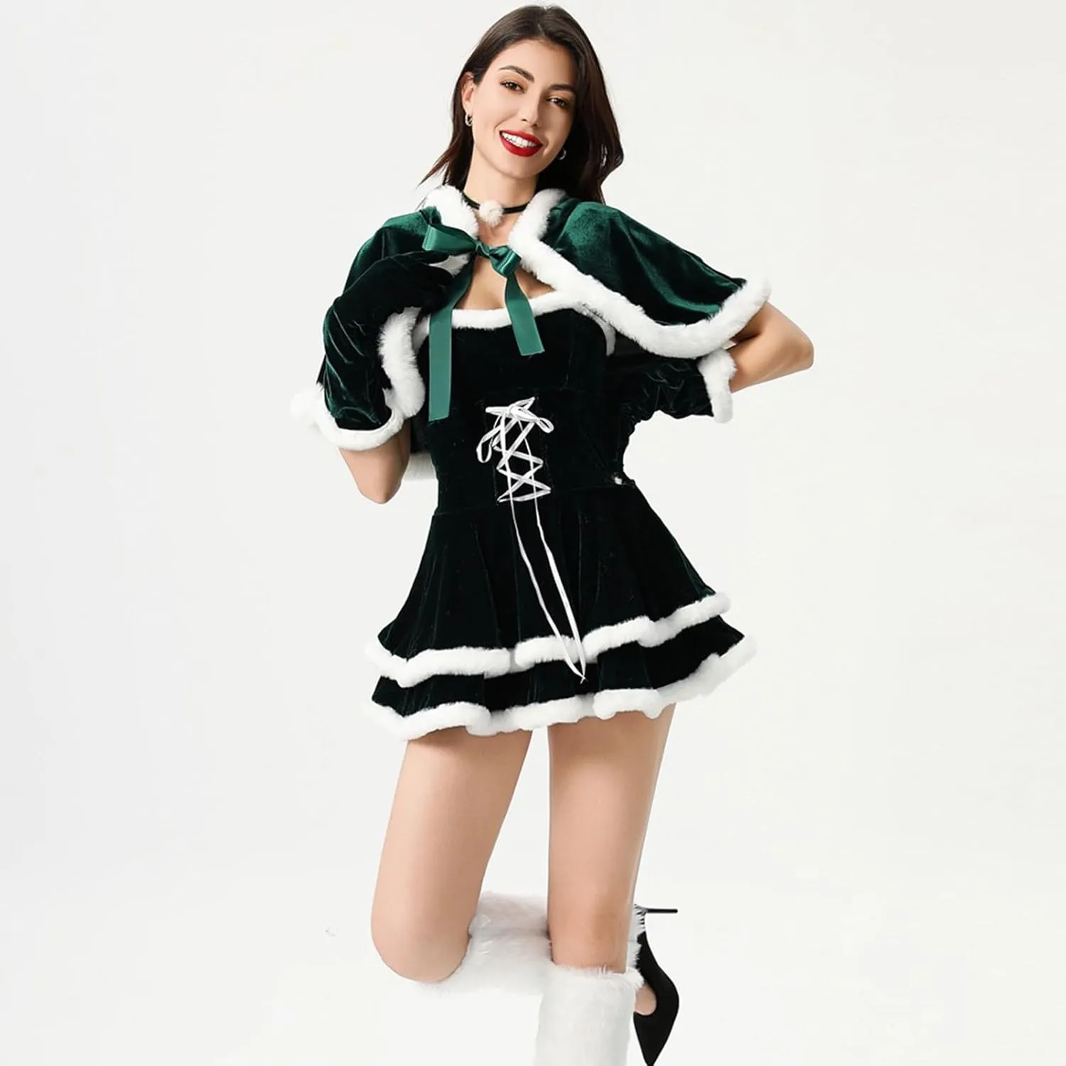 hlysgo Christmas Dresses for Women 2024 Winter Warm Fashion Long Sleeve Mini Dress Xmas A-Line Swing Fuzzy V Neck Cute Dress