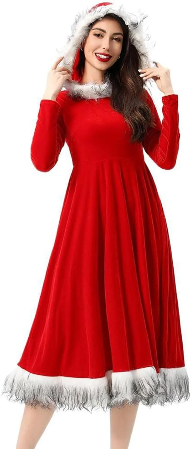 hlysgo Christmas Dresses for Women 2024 Winter Warm Fashion Long Sleeve Mini Dress Xmas A-Line Swing Fuzzy V Neck Cute Dress