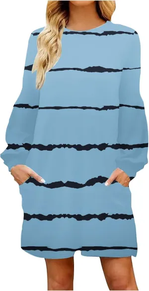 hlysgo Sweatshirt Dresses for Women 2024 Fall Casual Fleece Mini Dress Trendy Long Sleeve Striped Tunic Dress with Pockets