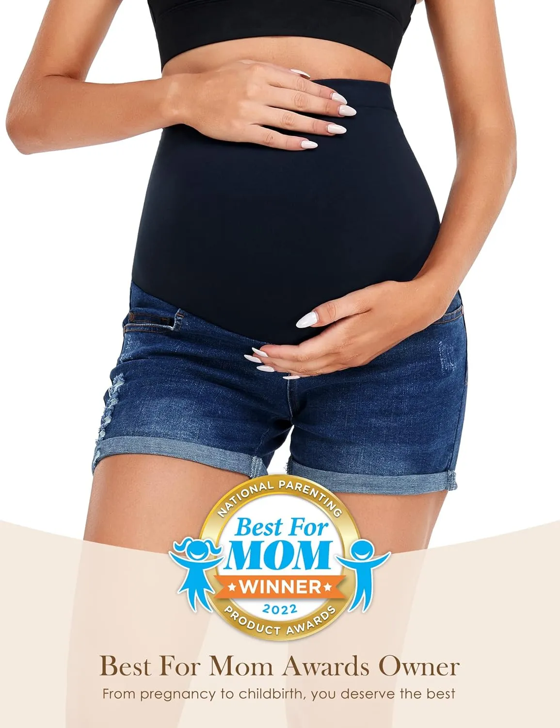 HOFISH Womens Maternity Jeans Shorts Over The Belly Stretchy Comfy Denim Pants Casual Workout Pregnancy Shorts