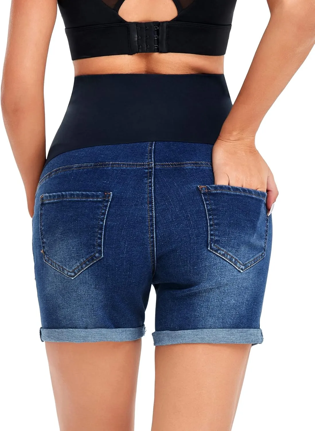 HOFISH Womens Maternity Jeans Shorts Over The Belly Stretchy Comfy Denim Pants Casual Workout Pregnancy Shorts