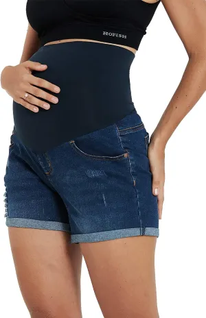HOFISH Womens Maternity Jeans Shorts Over The Belly Stretchy Comfy Denim Pants Casual Workout Pregnancy Shorts
