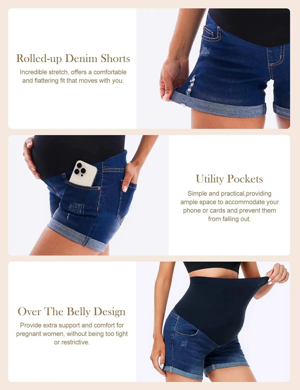 HOFISH Womens Maternity Jeans Shorts Over The Belly Stretchy Comfy Denim Pants Casual Workout Pregnancy Shorts