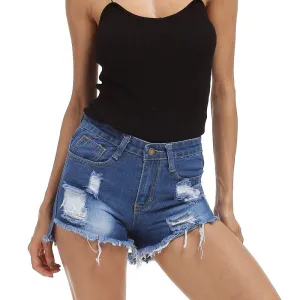 Hole Denim High Waist Tassel Slim Shorts