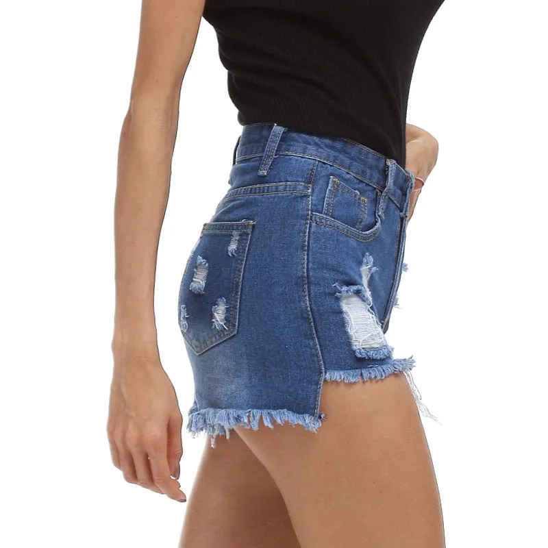Hole Denim High Waist Tassel Slim Shorts