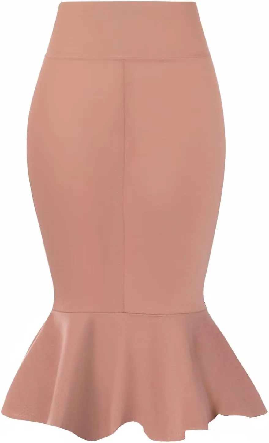 Hybrid & Company Womens Premium Nylon Ponte Stretch Office Fishtail Pencil Skirt High Waist Made in The USA Below Knee