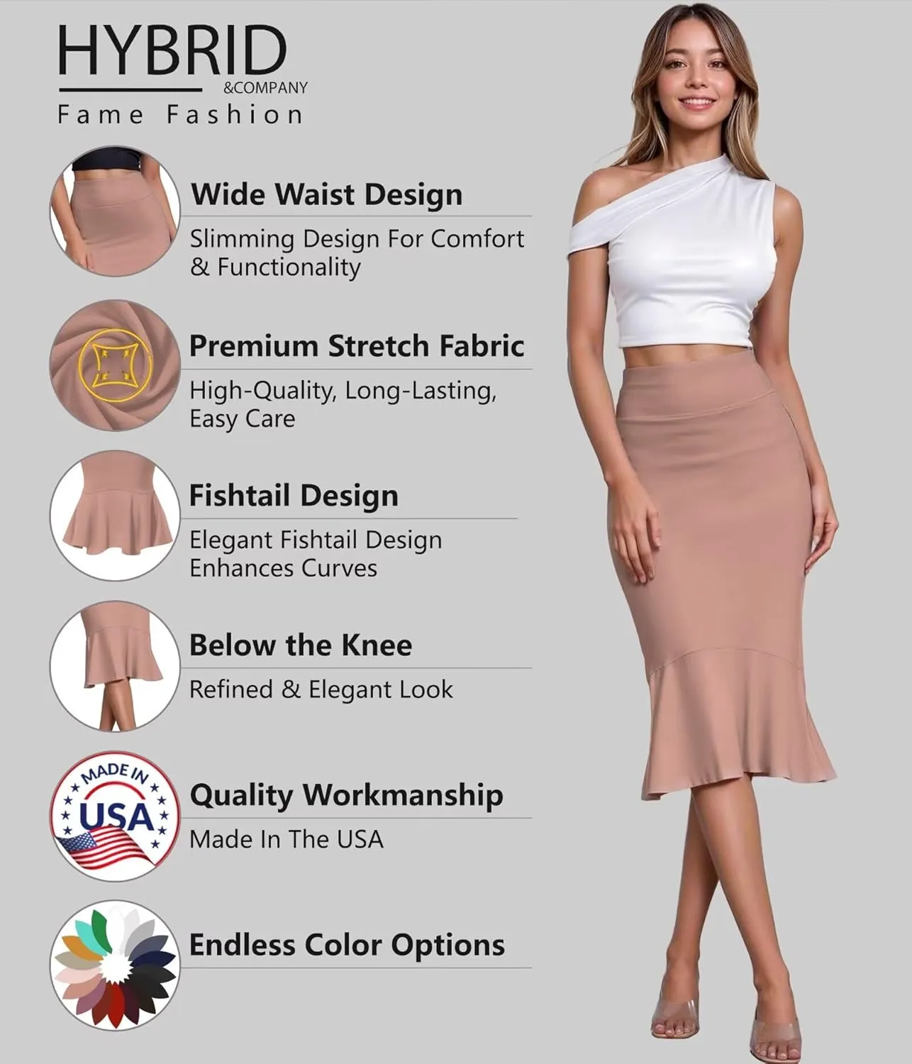 Hybrid & Company Womens Premium Nylon Ponte Stretch Office Fishtail Pencil Skirt High Waist Made in The USA Below Knee