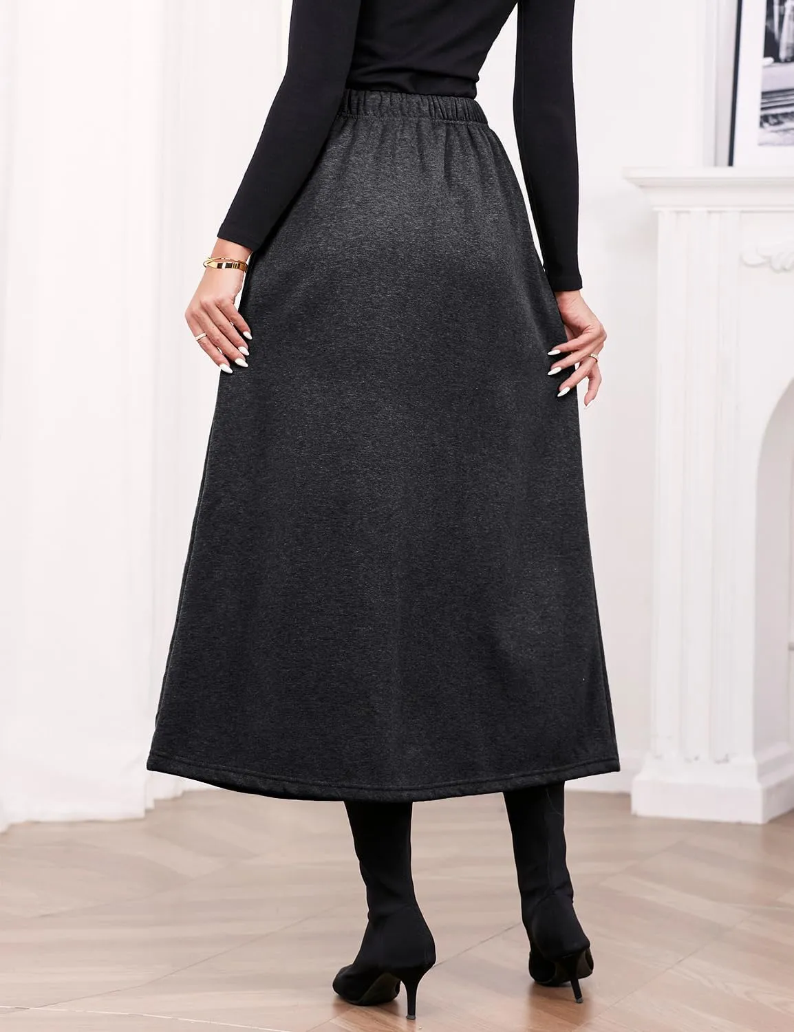 IDEALSANXUN Women's Fall Winter Fleece Lined Elastic Waist Long Skirts with Drawstring