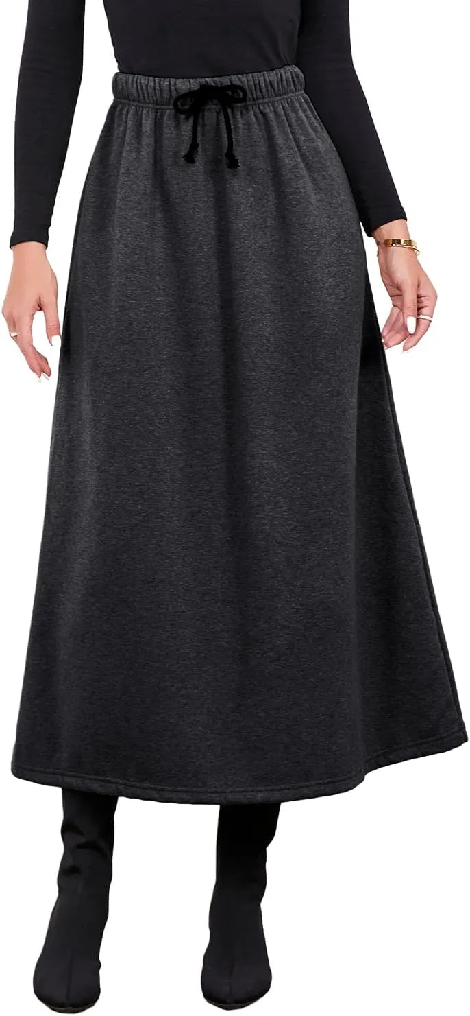 IDEALSANXUN Women's Fall Winter Fleece Lined Elastic Waist Long Skirts with Drawstring
