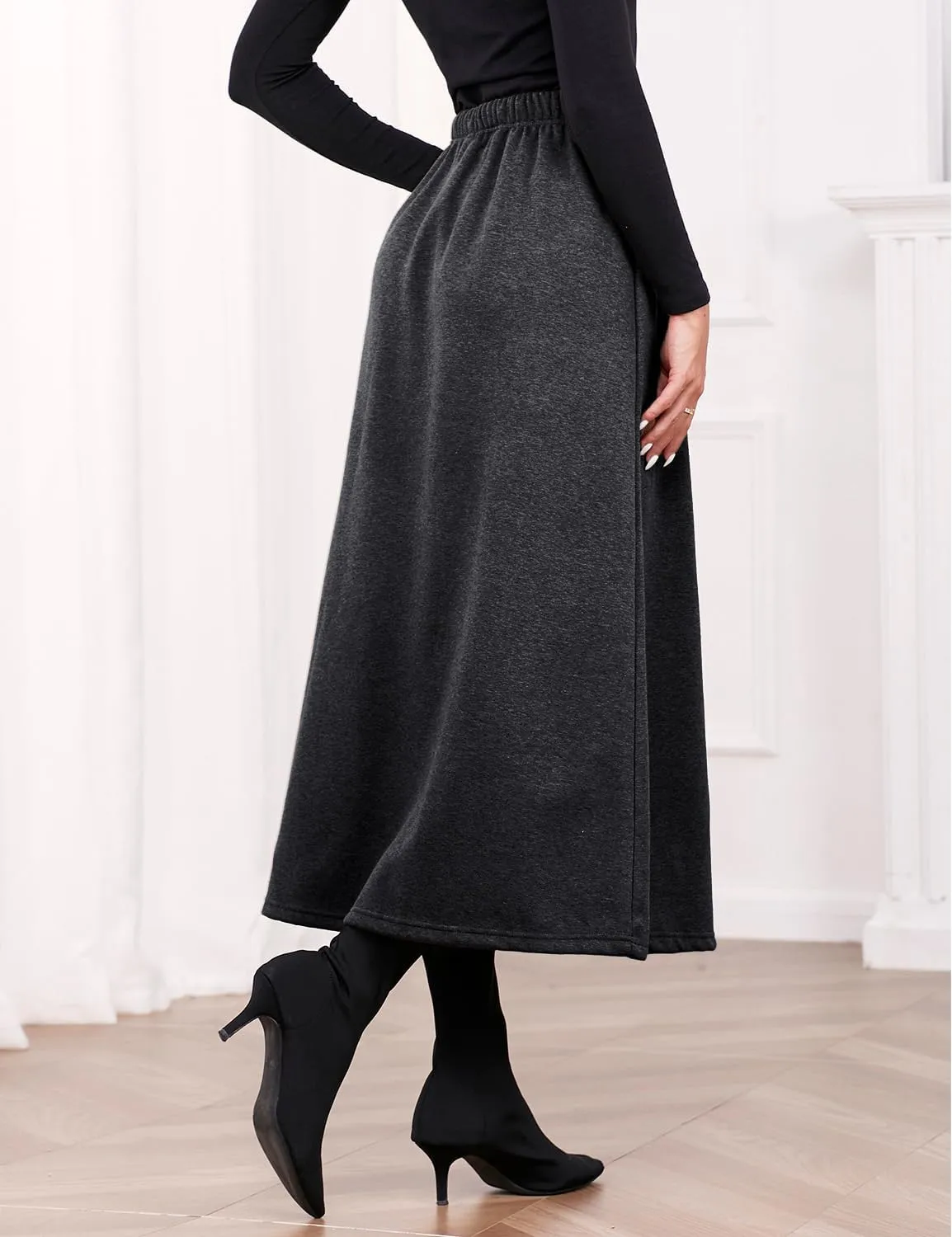 IDEALSANXUN Women's Fall Winter Fleece Lined Elastic Waist Long Skirts with Drawstring