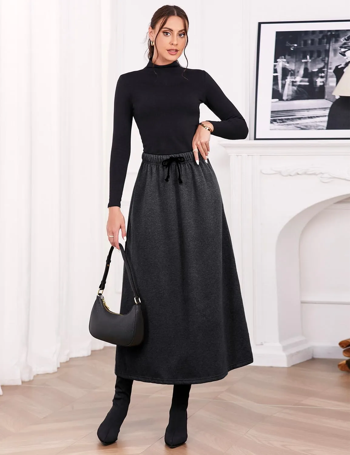 IDEALSANXUN Women's Fall Winter Fleece Lined Elastic Waist Long Skirts with Drawstring