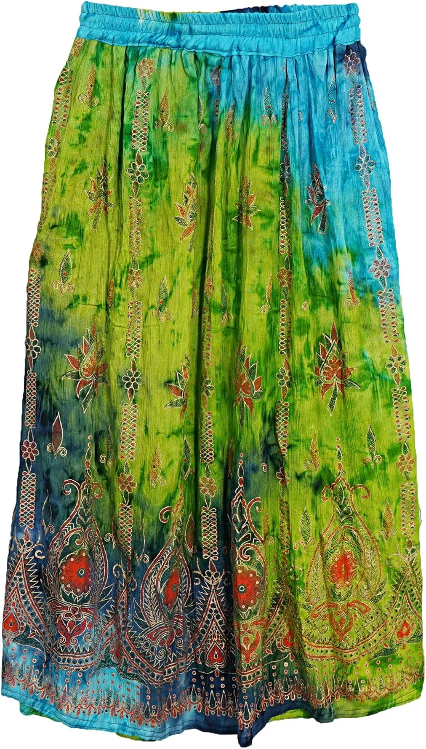 Indian Multi Tie Dye Yoga Trend Women's Sequined Crinkle Broomstick Gypsy Long Skirts