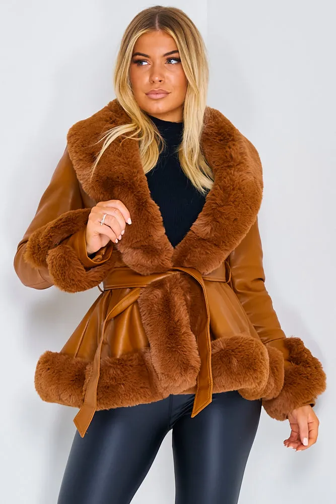 Izzy Camel PU Faux Leather Faux Fur Trim Belted Coat