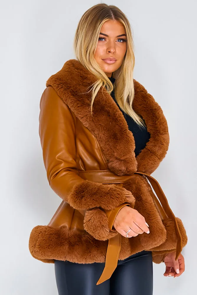 Izzy Camel PU Faux Leather Faux Fur Trim Belted Coat