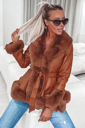 Izzy Camel PU Faux Leather Faux Fur Trim Belted Coat
