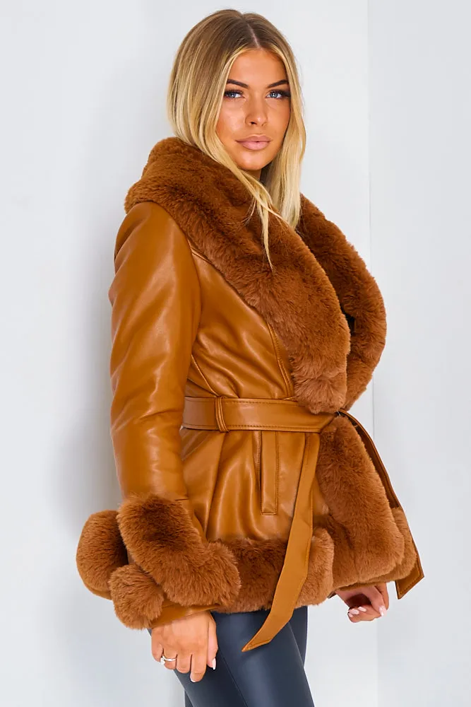 Izzy Camel PU Faux Leather Faux Fur Trim Belted Coat