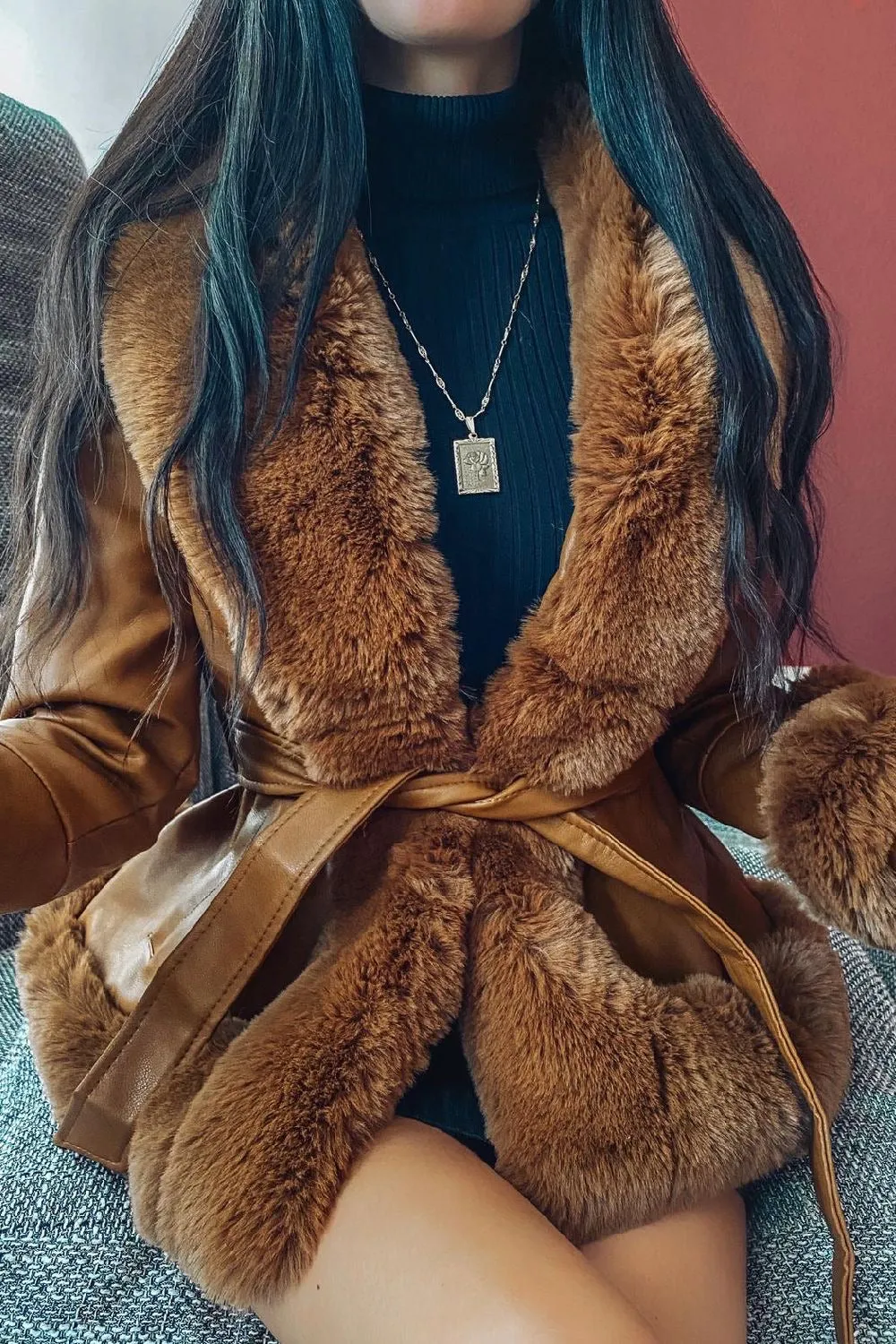 Izzy Camel PU Faux Leather Faux Fur Trim Belted Coat