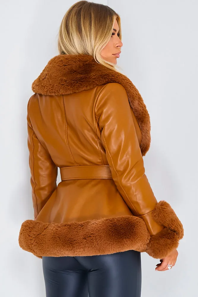 Izzy Camel PU Faux Leather Faux Fur Trim Belted Coat