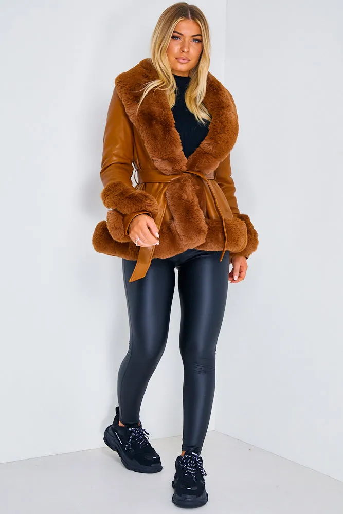 Izzy Camel PU Faux Leather Faux Fur Trim Belted Coat