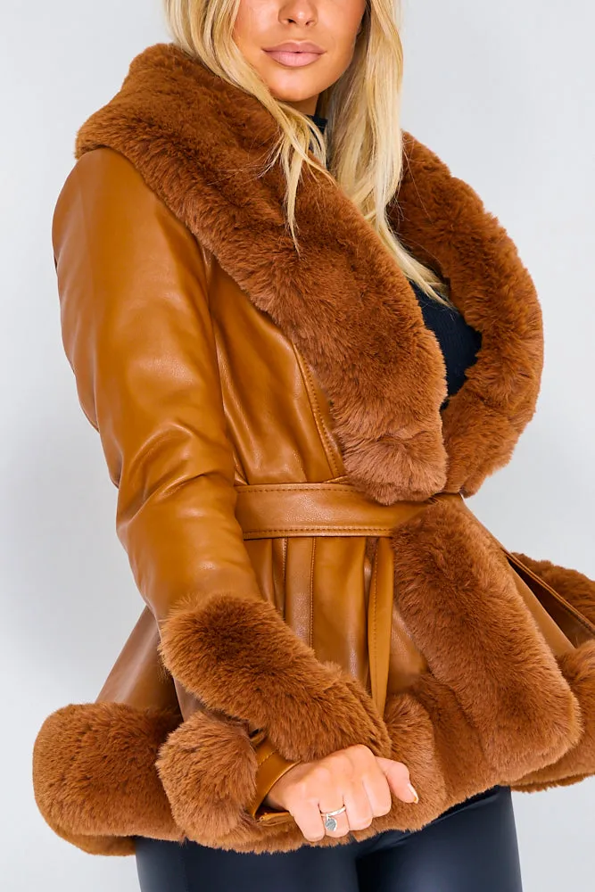 Izzy Camel PU Faux Leather Faux Fur Trim Belted Coat