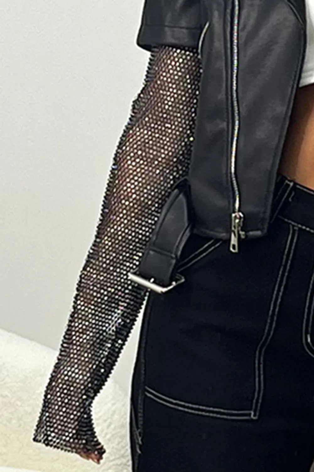 Jas Black Faux Leather PU Diamante Sleeve Belted Biker Jacket