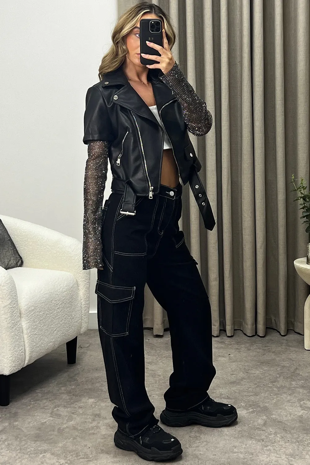 Jas Black Faux Leather PU Diamante Sleeve Belted Biker Jacket