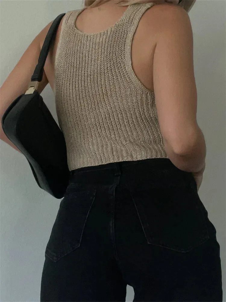 JazzHer 2024 Fall Fashion 2024 Knitted Sweaters Vest Casual Retro Sleeveless V-Neck Buttons Up Tank Summer Autumn Chic Vest  Club Crop Tops