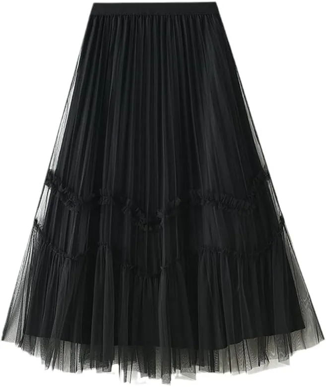 Jegsnoe Women Velvet Tulle Pleated Skirt Autumn Winter Fashion Warm Party Midi Skirts