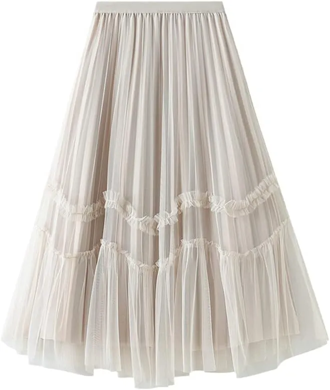 Jegsnoe Women Velvet Tulle Pleated Skirt Autumn Winter Fashion Warm Party Midi Skirts