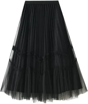 Jegsnoe Women Velvet Tulle Pleated Skirt Autumn Winter Fashion Warm Party Midi Skirts