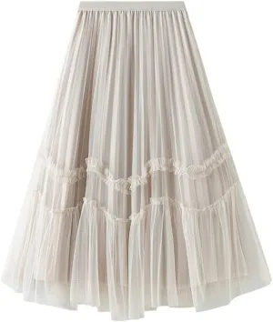 Jegsnoe Women Velvet Tulle Pleated Skirt Autumn Winter Fashion Warm Party Midi Skirts