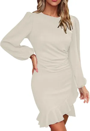 JOAU Women's Elegant Formal Cocktail Party Mini Dress Puff Long Sleeve Crew Neck Slim Fit Irregular Ruffle Hem Slit Dresses