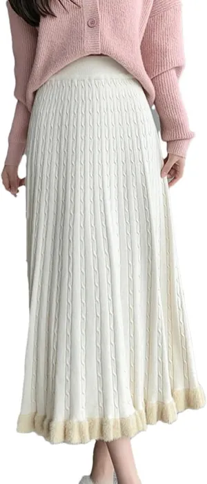 Knit Long Midi Pleated Skirt Women Winter Warm Fashion High Waist A Line Skirt