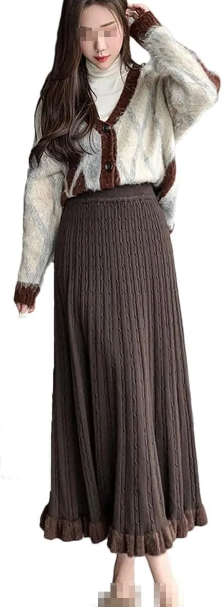 Knit Long Midi Pleated Skirt Women Winter Warm Fashion High Waist A Line Skirt