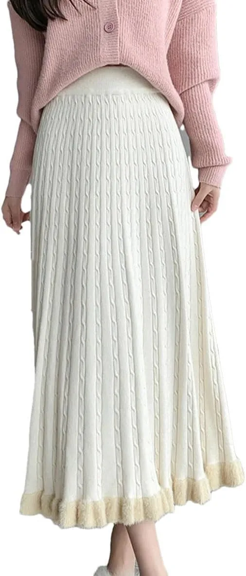 Knit Long Midi Pleated Skirt Women Winter Warm Fashion High Waist A Line Skirt