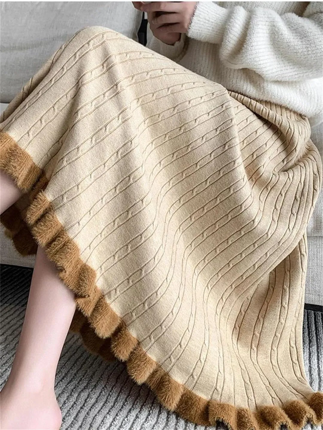 Knit Long Midi Pleated Skirt Women Winter Warm Fashion High Waist A Line Skirt