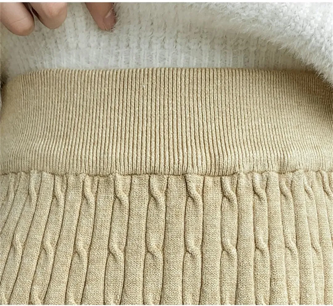 Knit Long Midi Pleated Skirt Women Winter Warm Fashion High Waist A Line Skirt