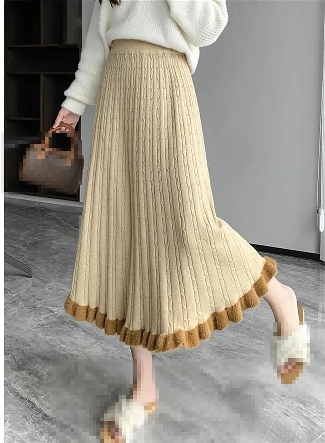 Knit Long Midi Pleated Skirt Women Winter Warm Fashion High Waist A Line Skirt