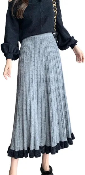 Knit Long Midi Pleated Skirt Women Winter Warm Fashion High Waist A Line Skirt
