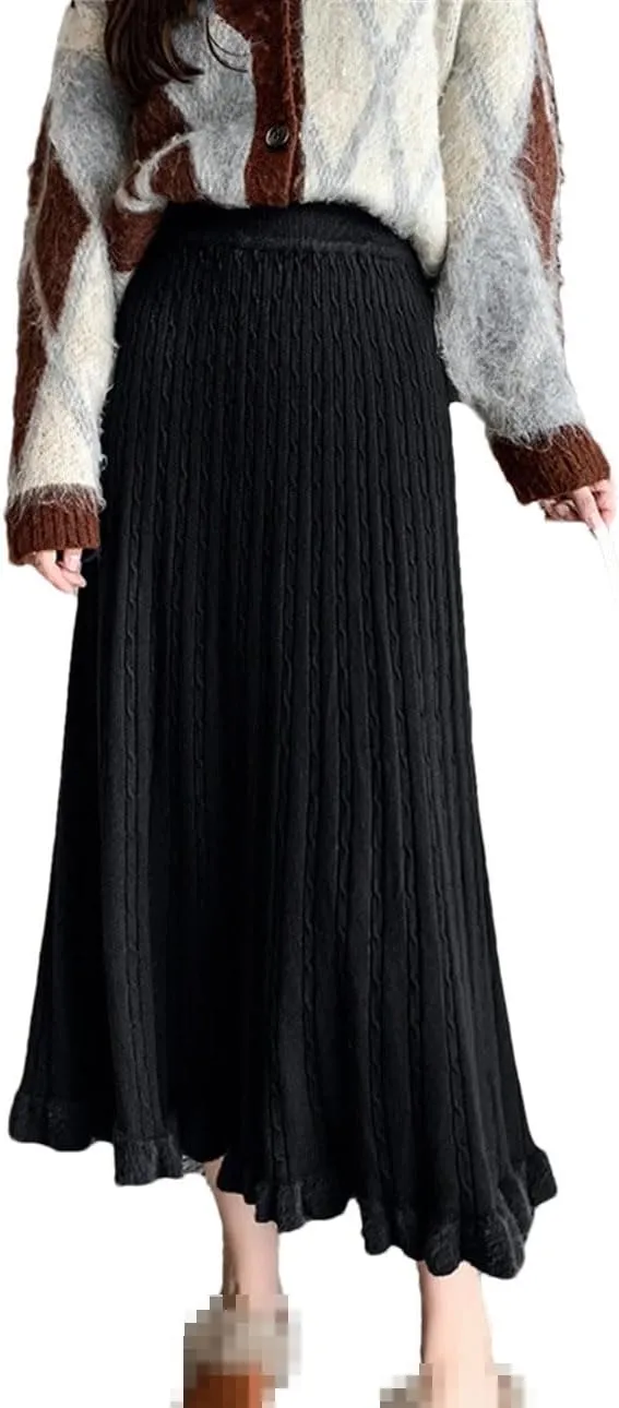 Knit Long Midi Pleated Skirt Women Winter Warm Fashion High Waist A Line Skirt